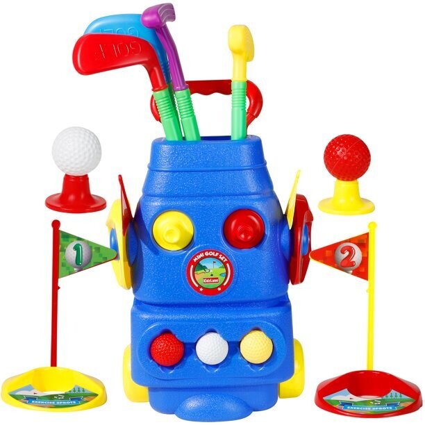 Kids Golf Set Golf Cart with Wheels | 4 Colorful Golf Clubs 3 Balls 2 Practice Holes with Flags &amp; 2 Golf Tees | Toddler Golf Set Sports Toy Kit for Boys &amp; Girls