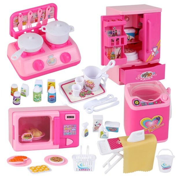 Girls Toys Kitchen Playset Refrigerator Fridge Microwave Oven Washing machine Kids Playset with 25-Pcs Accessories Lights &amp; Sounds