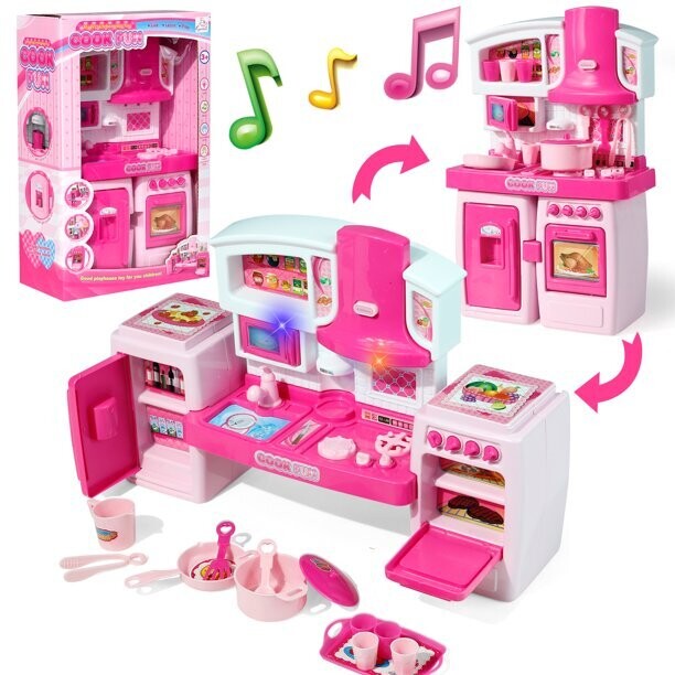 Play Kitchen Playset Pretend Food Pink Kitchen Toys for Toddlers, Toy Accessories Toddler Set w/ Real Sounds and Light, Toddler Outdoor Playset for Kids, Girls &amp; Boys