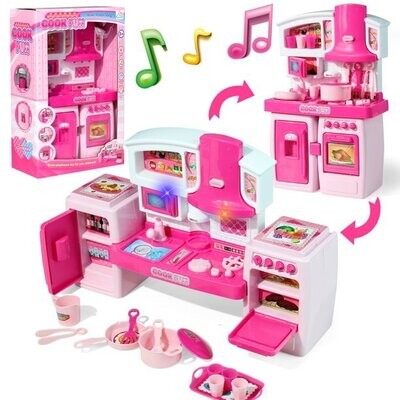 Play Kitchen Playset Pretend Food Pink Kitchen Toys for Toddlers, Toy Accessories Toddler Set w/ Real Sounds and Light, Toddler Outdoor Playset for Kids, Girls &amp; Boys