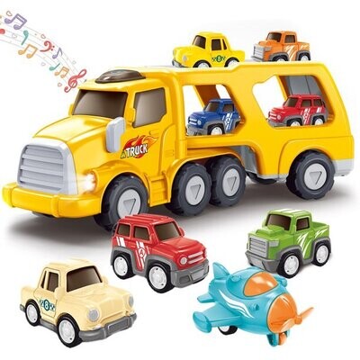 Truck Toys for 1 2 3 4 5 6 Year Old Boys, 5-in-1 Friction Power Toy Vehicle in Carrier Truck, Toddler Toys Car Toys plane for Boys for Kids Aged 3+