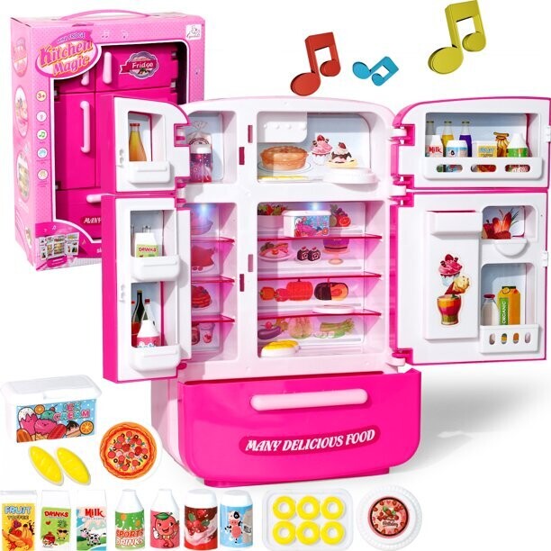 Kitchen Toys Fridge Refrigerator for Kids Girls, Play Kitchen Set with Accessories Music and Light