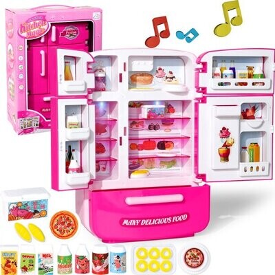 Kitchen Toys Fridge Refrigerator for Kids Girls, Play Kitchen Set with Accessories Music and Light
