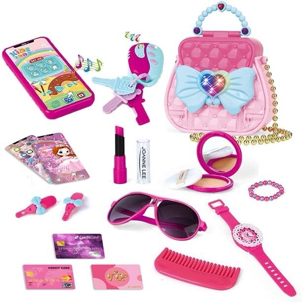 Pretend My First Purse Princess Set for Girls, Fashion Stylish Handbag with Pretend Play Beauty Makeup Accessories, Smart Phone, Watches, Glasses, Keys, Petty Cards for Little Kid, 17 Pcs
