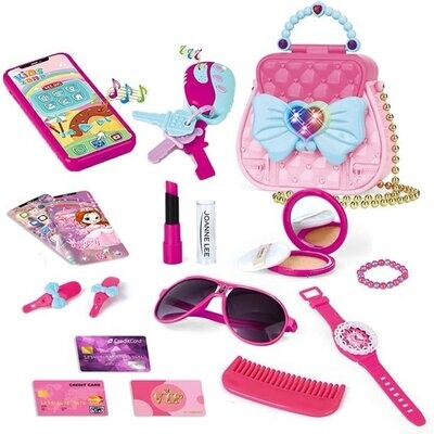 Pretend My First Purse Princess Set for Girls, Fashion Stylish Handbag with Pretend Play Beauty Makeup Accessories, Smart Phone, Watches, Glasses, Keys, Petty Cards for Little Kid, 17 Pcs