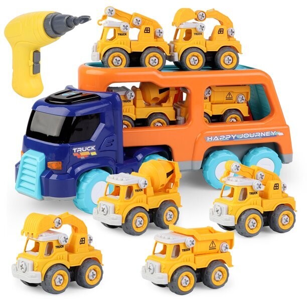 Take Apart Construction Truck Cars Toys for 2 3 4 5 Years Old Toddlers Boys Big Transport Carrier Truck with 4 Small Take Apart Engineering Trucks and Drills Toys with Sound and Light
