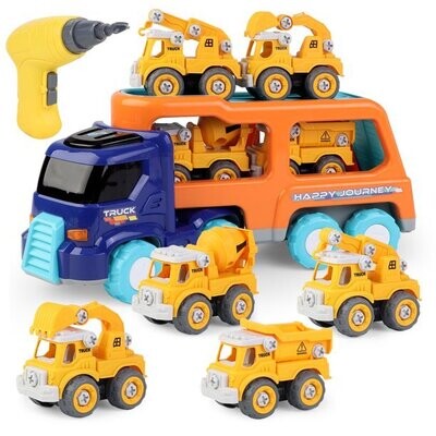 Take Apart Construction Truck Cars Toys for 2 3 4 5 Years Old Toddlers Boys Big Transport Carrier Truck with 4 Small Take Apart Engineering Trucks and Drills Toys with Sound and Light