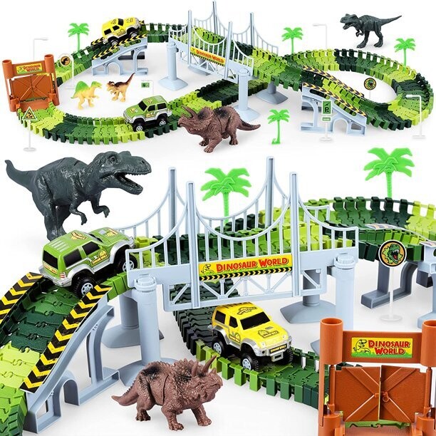 Dinosaur Toys-142 pcs Create A Dinosaur World Road Race-Flexible Track Playset ,2 Dinosaurs and 1 Race Car Toys for 3 4 5 6 Year &amp; Up Old boy Girls Best Gift (Green)