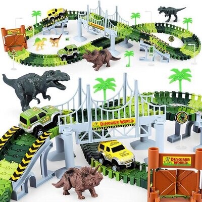 Dinosaur Toys-142 pcs Create A Dinosaur World Road Race-Flexible Track Playset ,2 Dinosaurs and 1 Race Car Toys for 3 4 5 6 Year &amp; Up Old boy Girls Best Gift (Green)