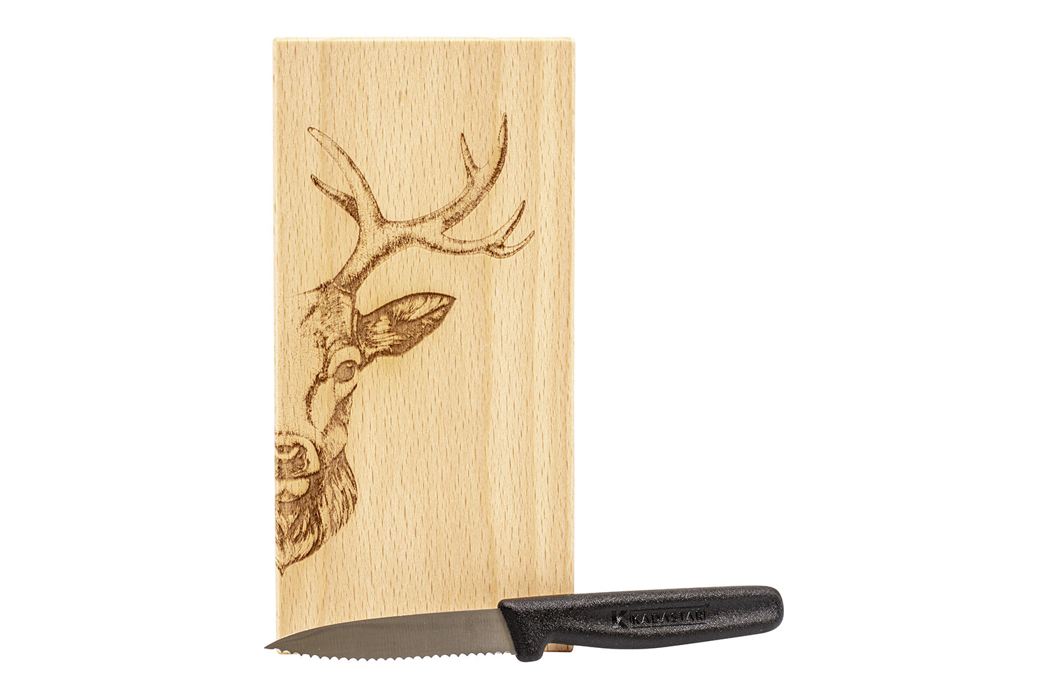 Kadastar Hirsch Aserbrettli mit Messer und Stoffsäckli 18,5x9x2 cm