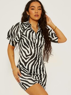 Zebra Print Puff Sleeve Collared Bodycon Dress