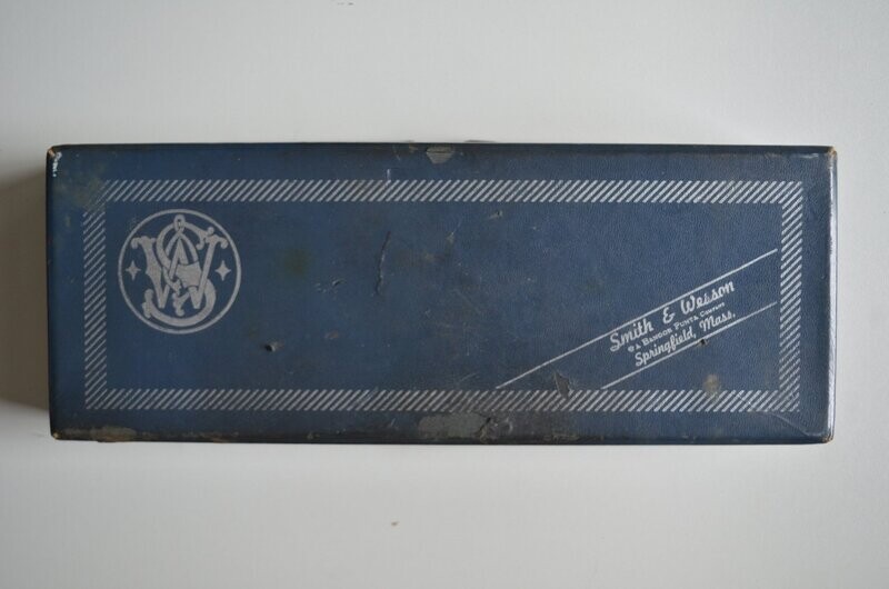 S&W	two-piece blue box with metal reinforced corner