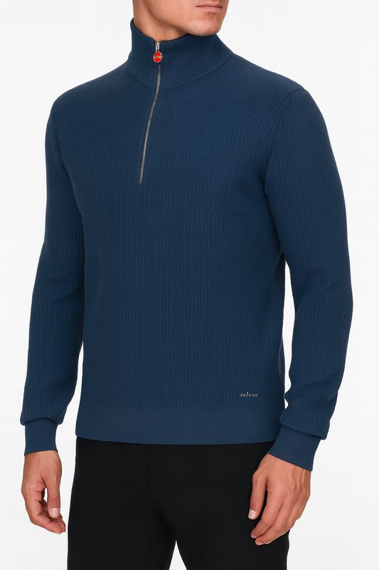 Kiton Half Zipper Navy Blue Knit Sweater