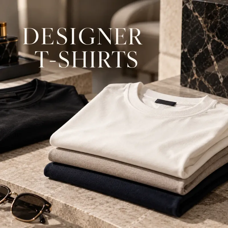 Luxury designer men's T-shirts in black, white and neutral colors, elegantly displayed on a marble surface at MESKOO.