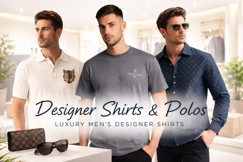 Luxury men’s designer shirts and polos category banner featuring premium polo shirts and designer fashion styles