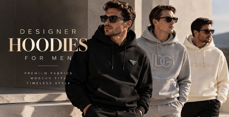 Designer hoodies for men in black grey and cream styled in luxury editorial setting