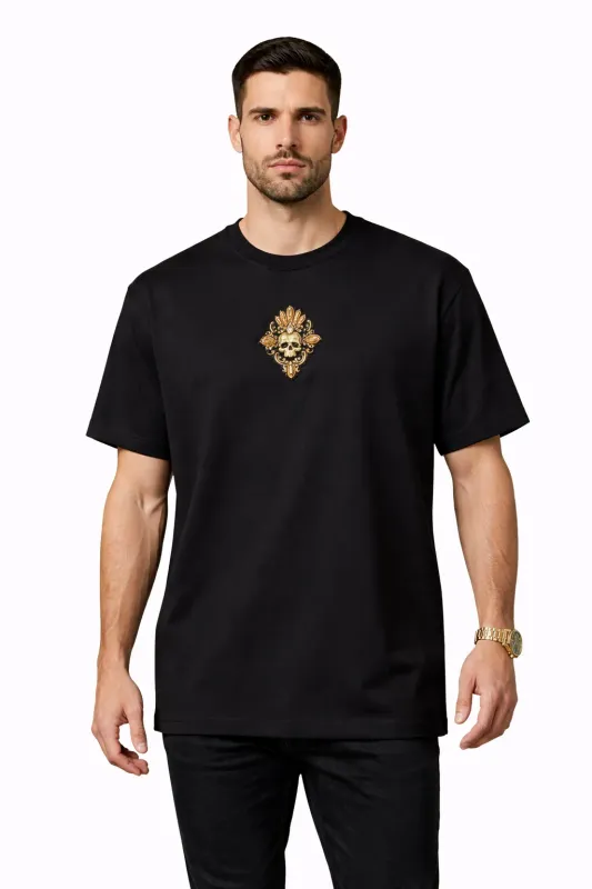 male model wearing dolce gabbana gold skull emblem black designer t shirt luxury fashion