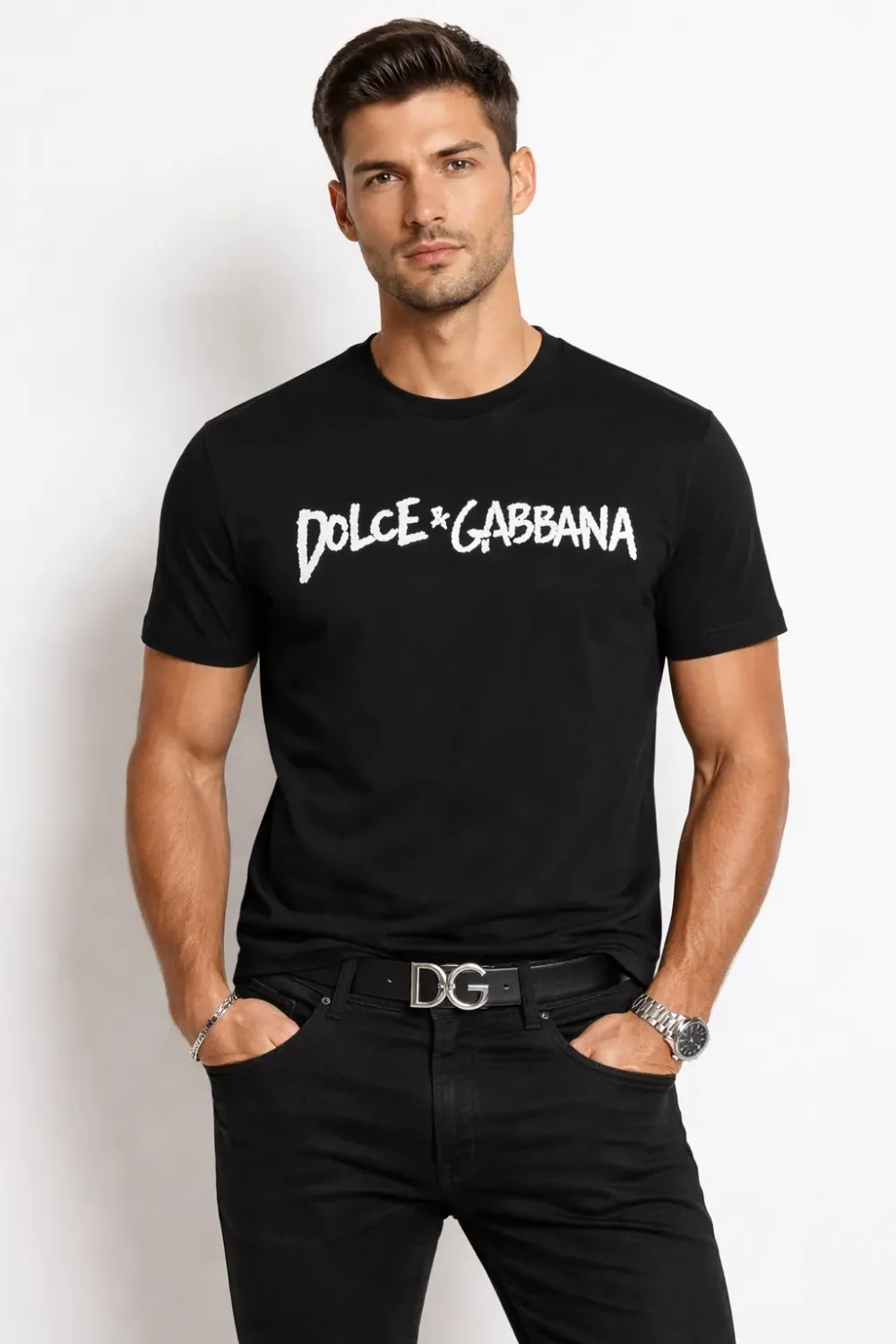Male model wearing black Dolca Gabbana logo embroidered t shirt luxury designer fashion style
