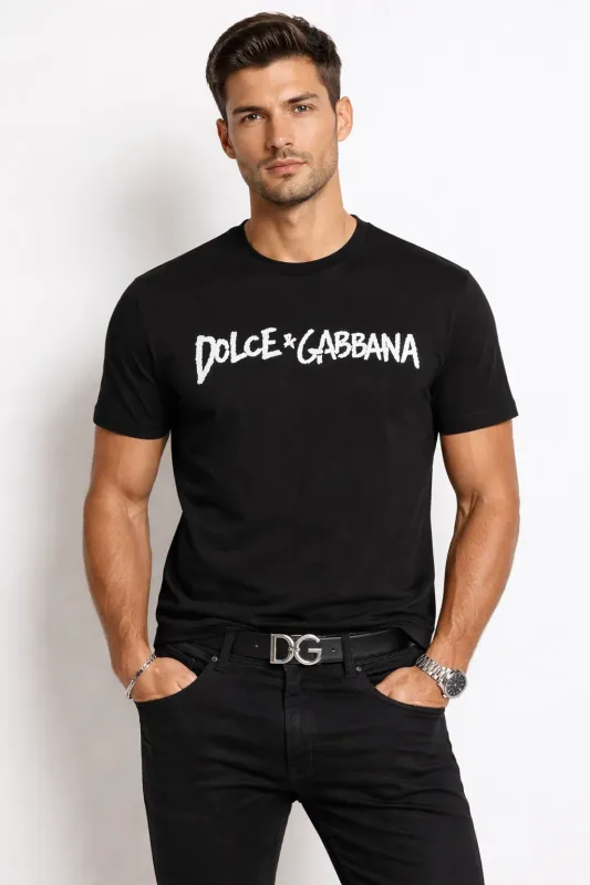 Male model wearing black Dolca Gabbana logo embroidered t shirt luxury designer fashion style
