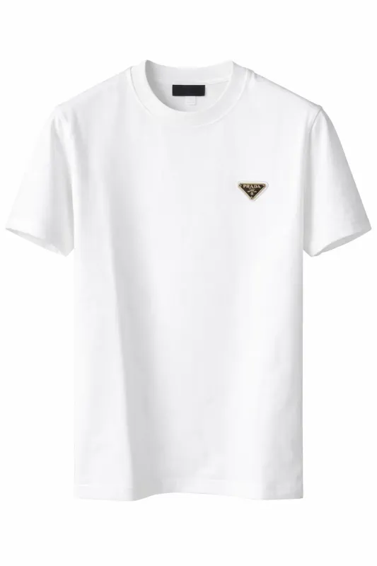 White Prada triangle logo cotton t-shirt for men minimalist luxury designer short sleeve