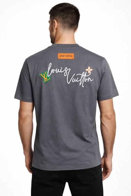 Louis Vuitton dark grey designer t shirt men back view luxury graphic logo print premium designer crew neck tee