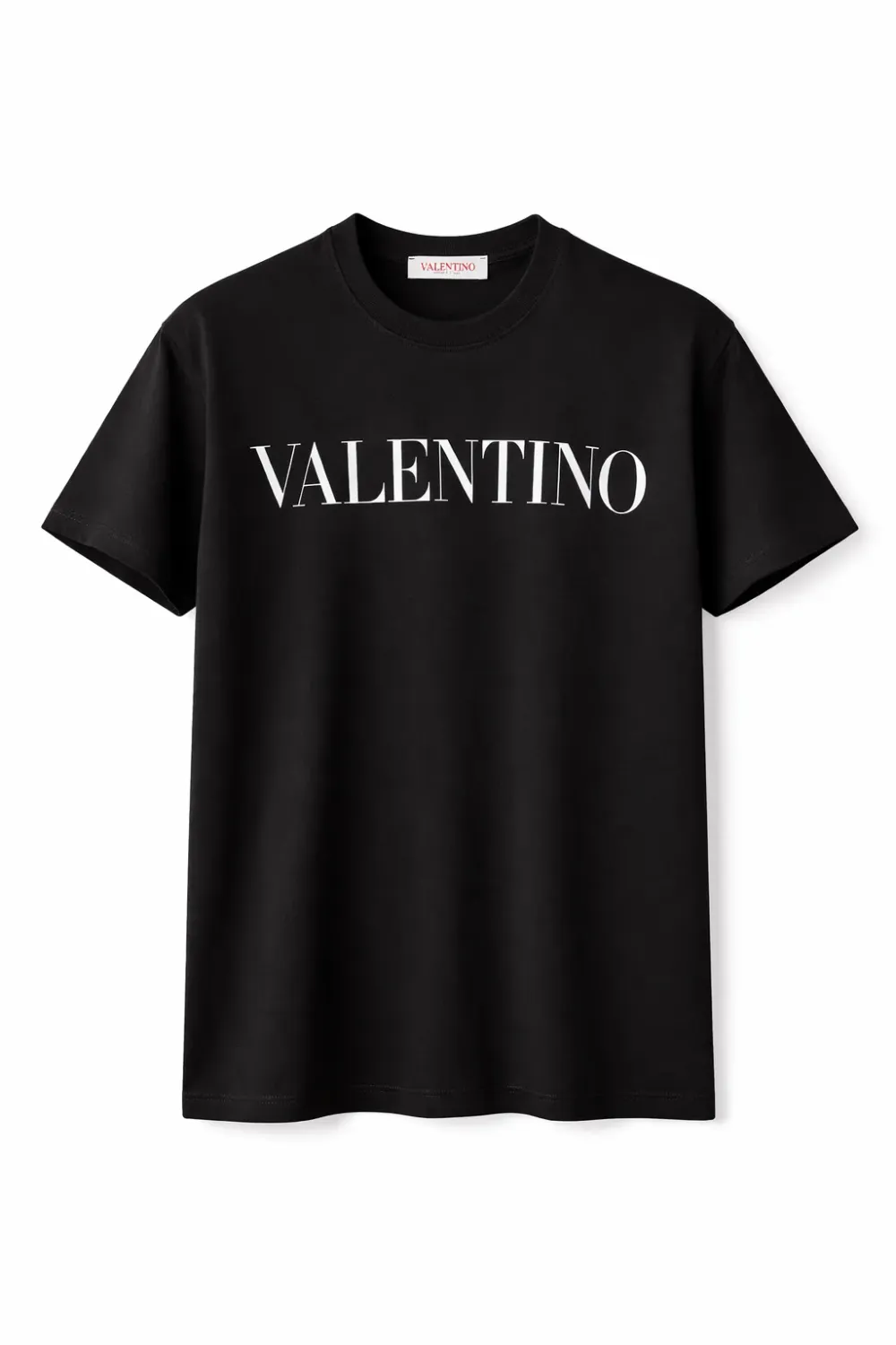 Valentino black tee shirt for men front catalog view with white logo