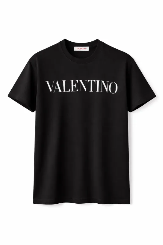 Valentino black tee shirt for men front catalog view with white logo