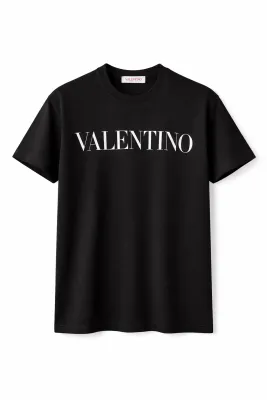 Valentino black tee shirt for men front catalog view with white logo