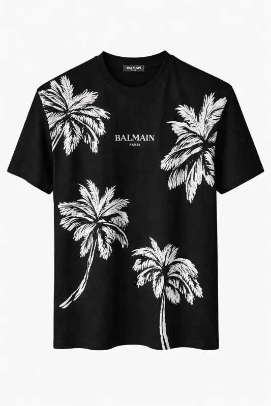 Balmain black palm print t shirt mens designer summer luxury tropical style