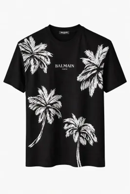 Balmain black palm print t shirt mens designer summer luxury tropical style
