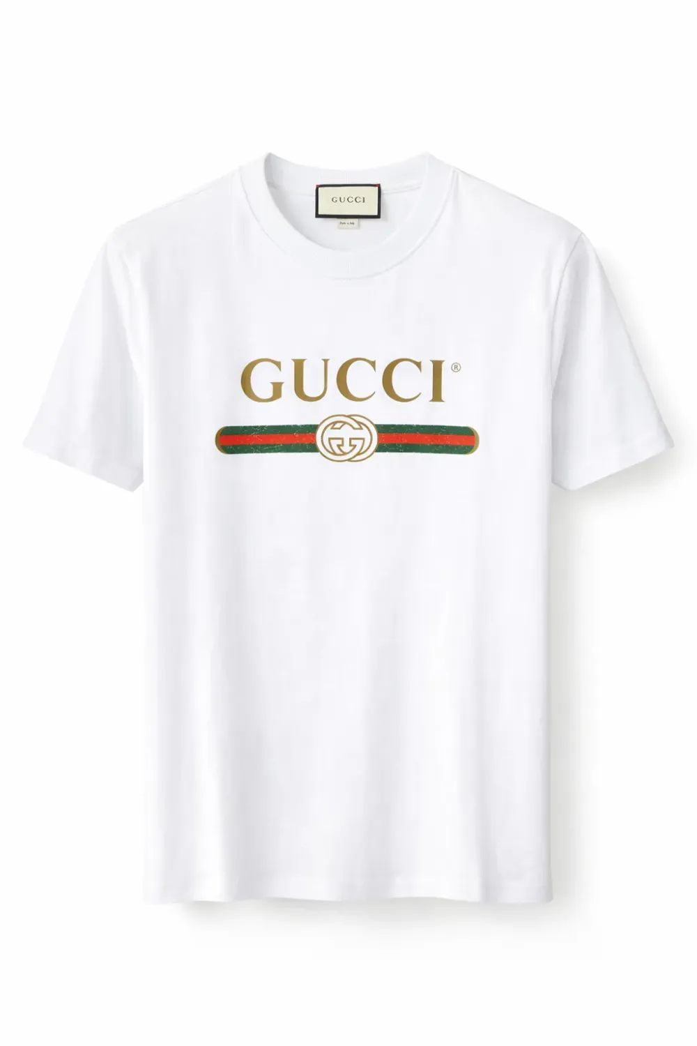 Gucci white logo stripe t shirt men front catalog studio view