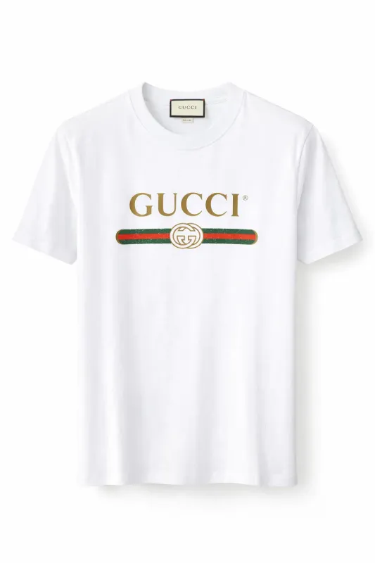 Gucci white logo stripe t shirt men front catalog studio view