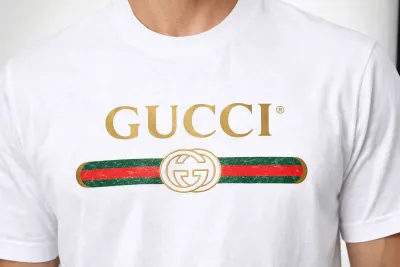 Gucci white logo stripe t shirt men editorial chest crop model view
