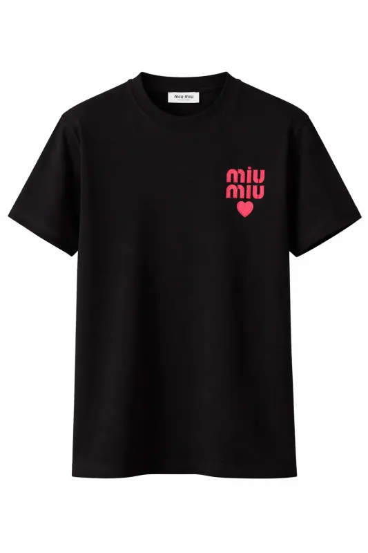 miu miu black logo heart t shirt men's front view red logo cotton tee