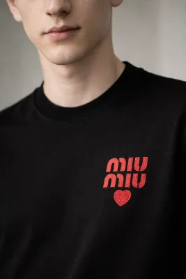 miu miu black logo heart t shirt men's editorial chest crop red logo detail