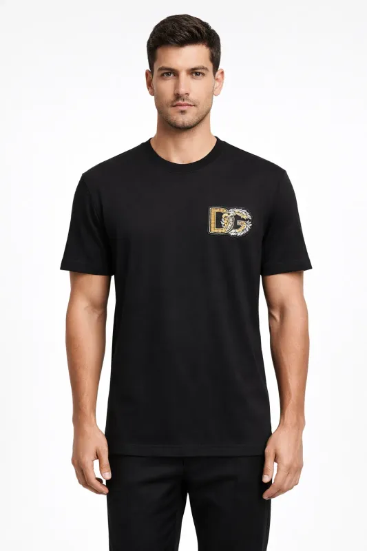 male model wearing Dolce &amp; Gabbana black DG eagle logo designer t shirt luxury menswear fashion
