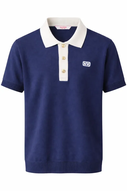 Valentino navy blue knit polo shirt front catalog main image with logo buttons