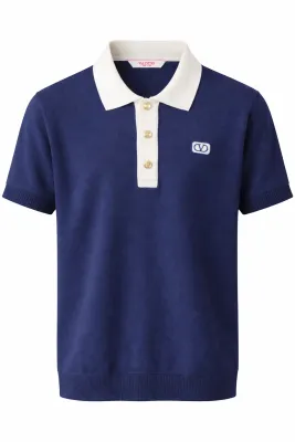 Valentino navy blue knit polo shirt front catalog main image with logo buttons