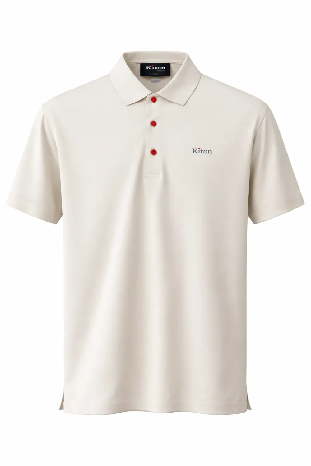 Kiton ivory polo shirt men catalog front view with red button detail