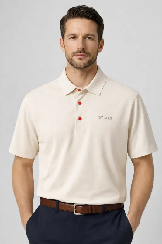Kiton ivory polo shirt men model front pose with red button detail