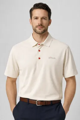 Kiton ivory polo shirt men model front pose with red button detail