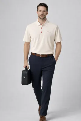 Kiton ivory polo shirt men walking pose with black classic leather bag