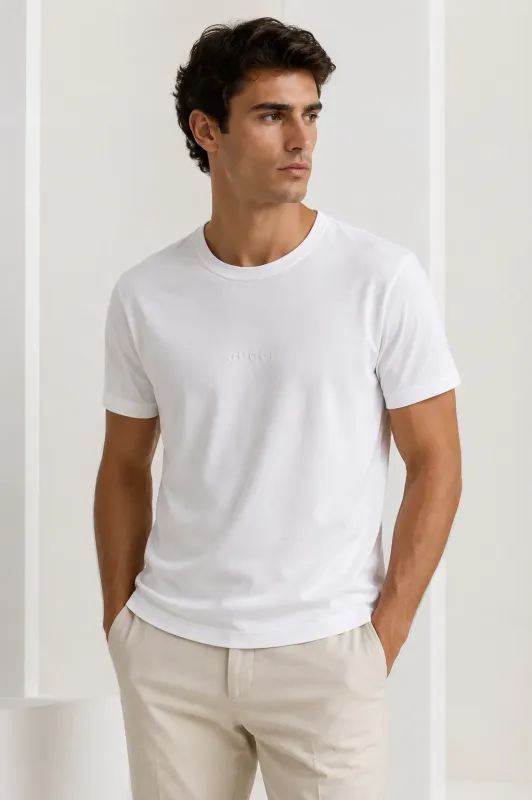 gucci white logo t shirt men's model front fit tonal logo
