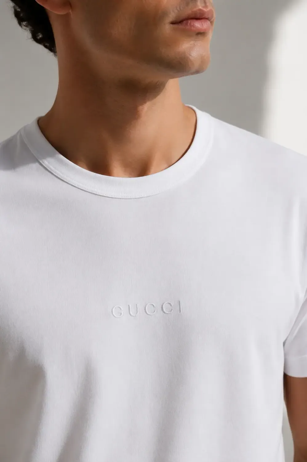 gucci white logo t shirt men's editorial chest crop tonal logo