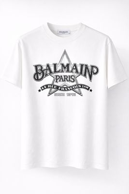 Balmain Paris men’s white T-shirt with graphic logo print made from premium cotton