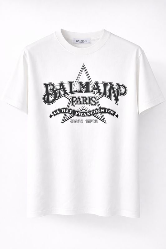 Balmain Paris men’s white T-shirt with graphic logo print made from premium cotton