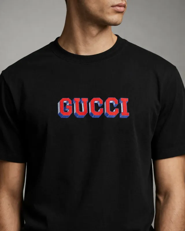 Gucci black with logo t shirt men editorial chest crop premium studio view