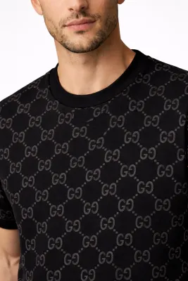 Gucci black monogram tee men editorial chest crop premium studio view