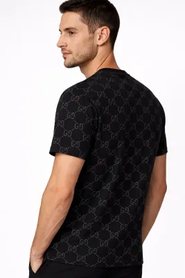 Gucci black monogram tee men side profile model fit view