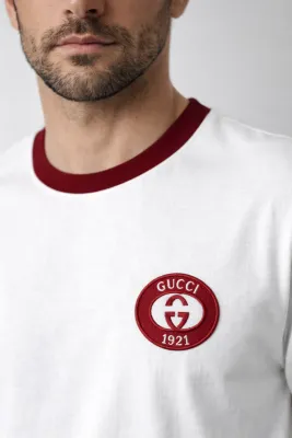 Gucci minimal logo white tee men editorial chest crop premium studio view